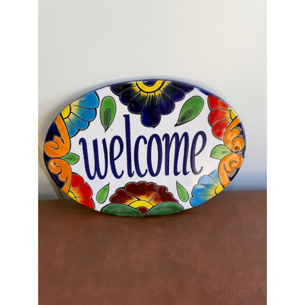 Talavera Welcome Sign Hand Painted Mexican Pottery Floral Ceramic Plaque - Picture 2 of 5